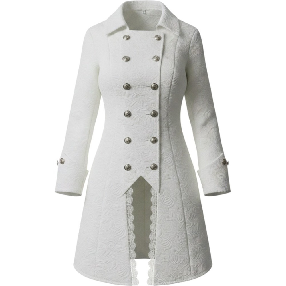 Ivory White Damask Jacquard Victorian Frock Coat Steampunk Lace Up‎ Jacket Large